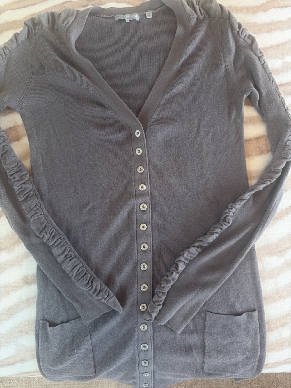 360 Sweater Gray Button-Front Ruffle Sleeve Cardigan